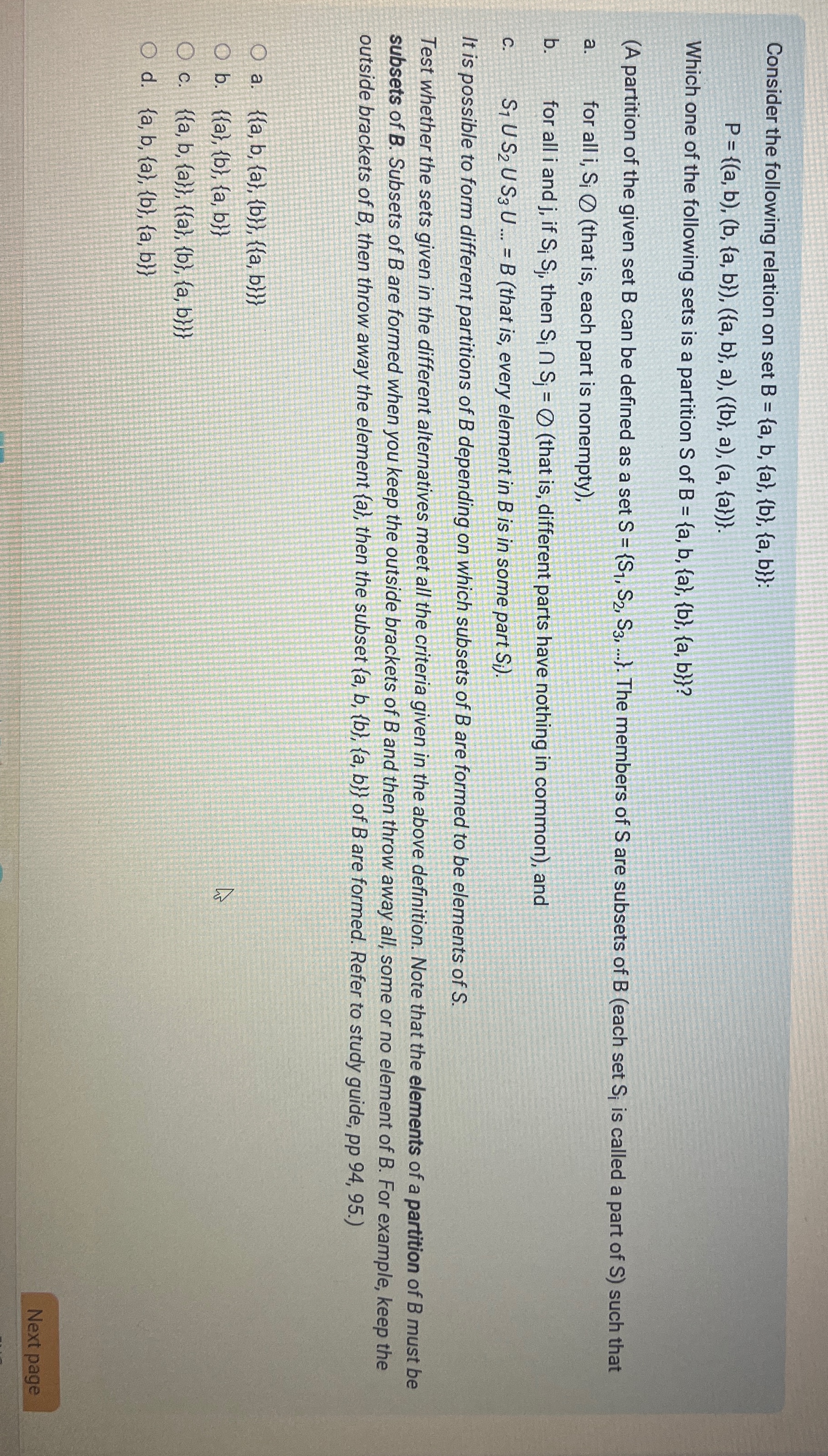  Consider the following relation on set B={a,b,{a},{b},{a,b}} : P={(a,b),(b,{a,b}),({a,b},a),({b},a),(a,{a})}. Which one