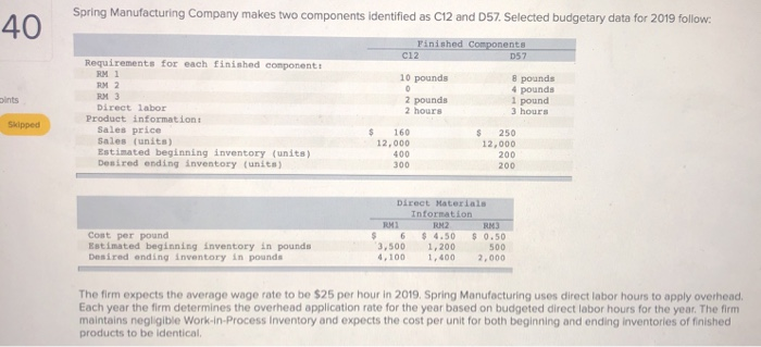  Spring Manufacturing Company makes two components identified as C12 and D57