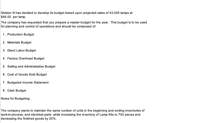Division N has decided to develop its budget based upon projected