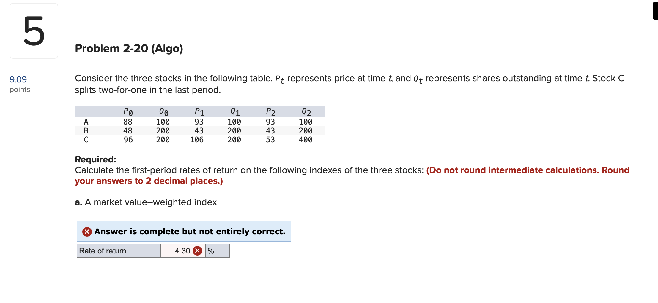  Problem 2-20(Algo) Consider the three stocks in the following table. Pt
