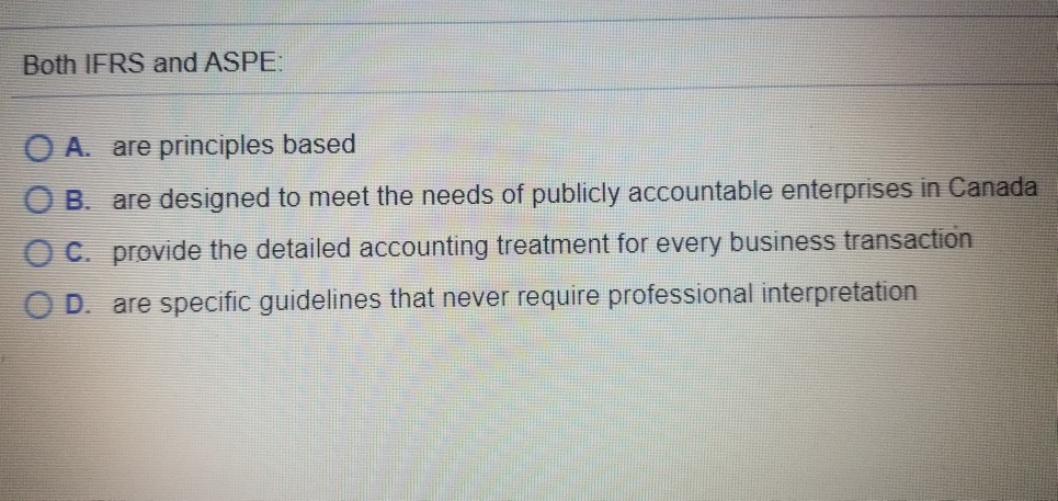  Both IFRS and ASPE: O A. are principles based OB. are