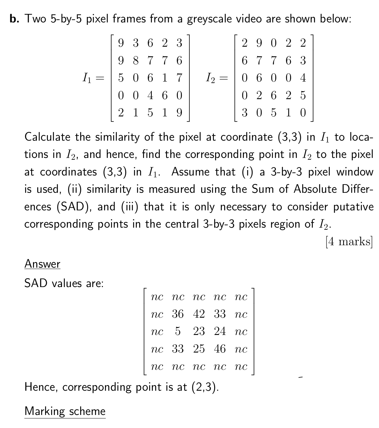  b. Two 5-by-5 pixel frames from a greyscale video are shown