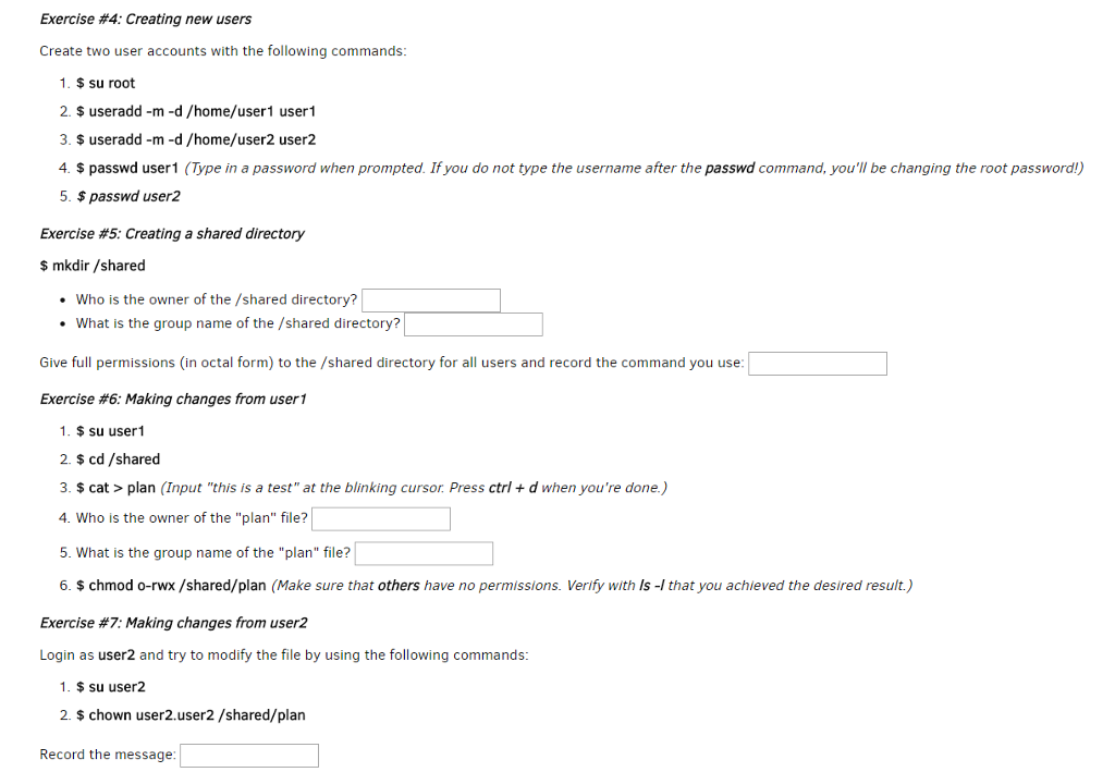 question in LINUX Exercise #4: Creating new users Create two user accounts