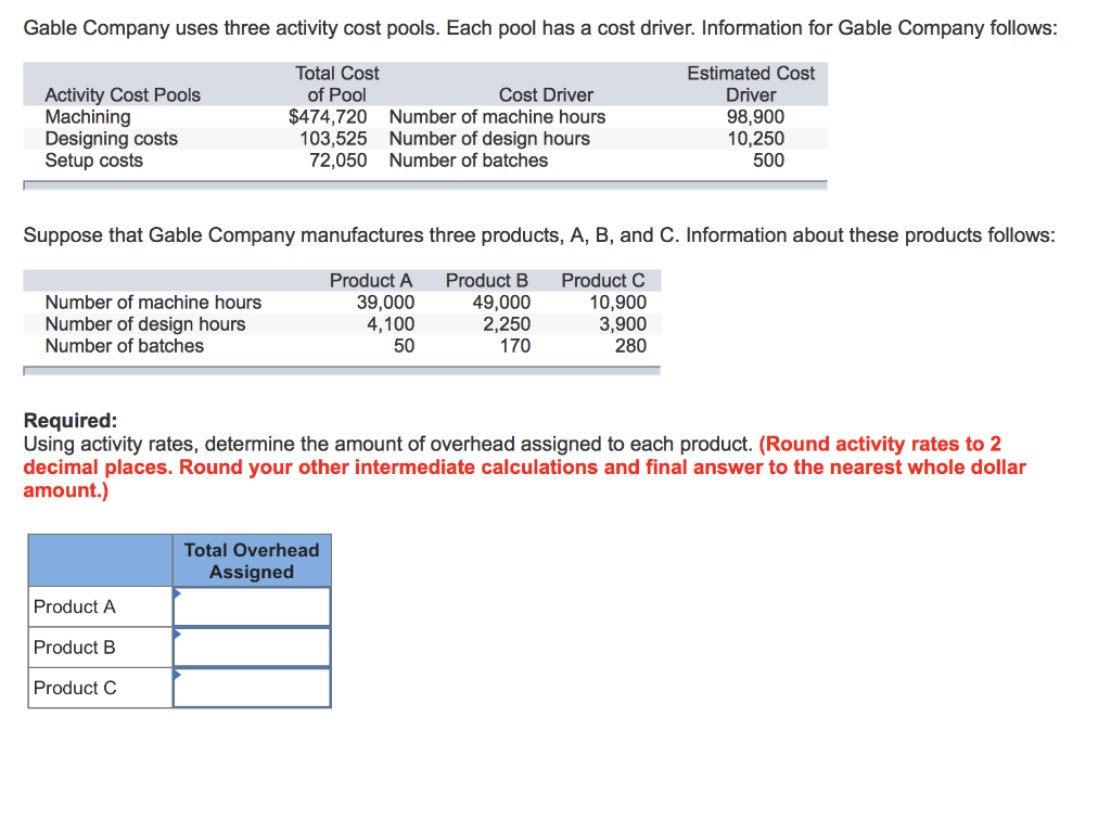 Gable Company uses three activity cost pools. Each pool has a cost