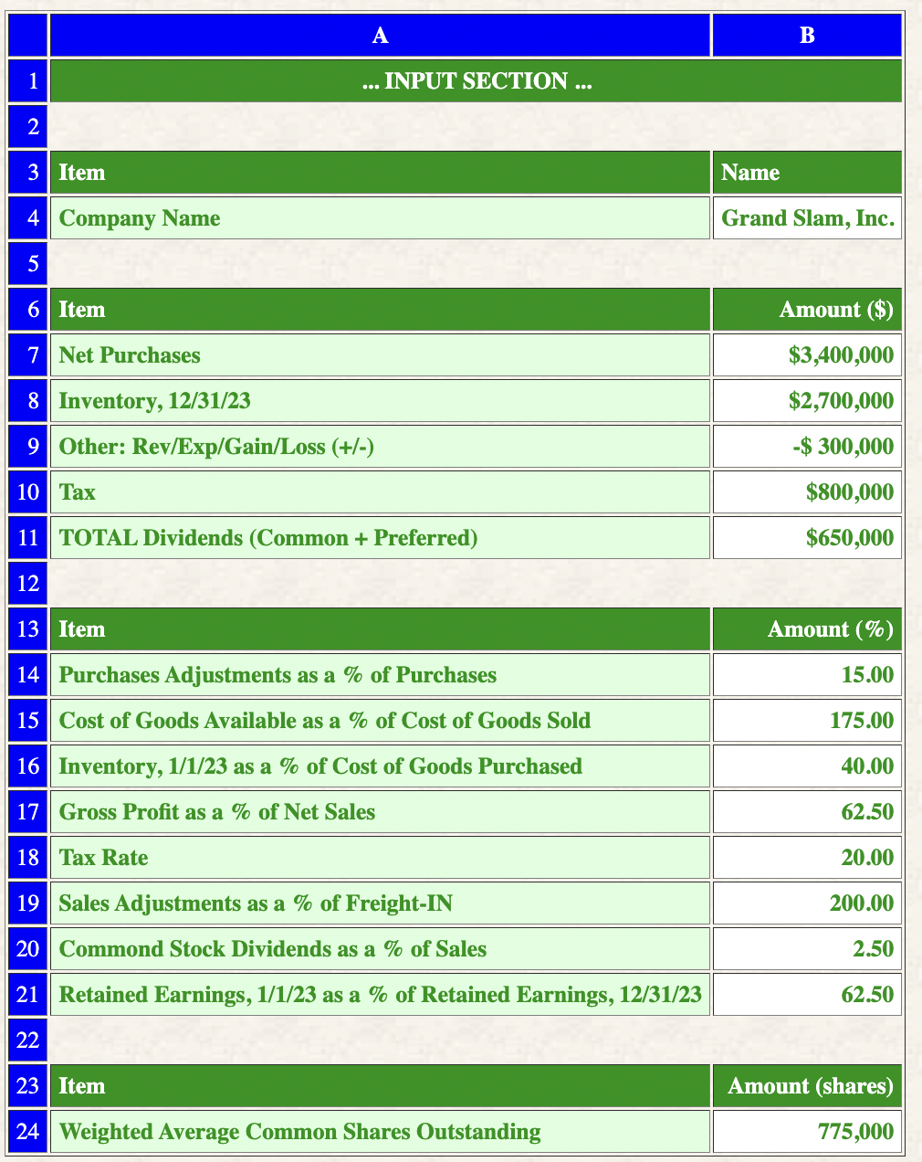 output being recomputed. heading "... INPUT SECTION ..." centered over all columns