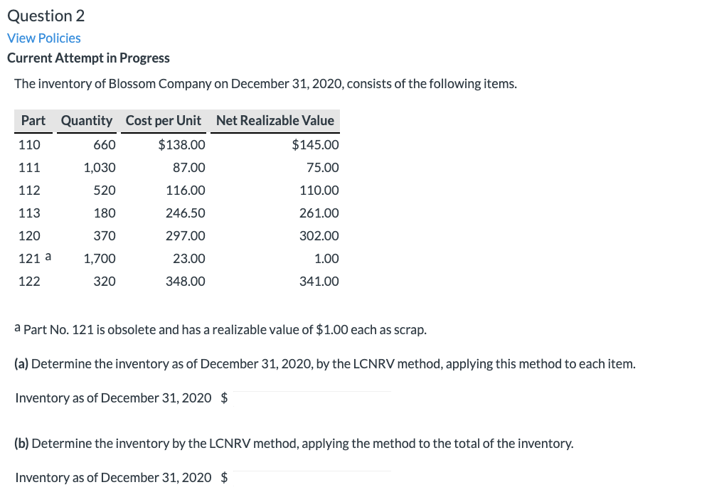 Question 2 View Policies Current Attempt in Progress The inventory of