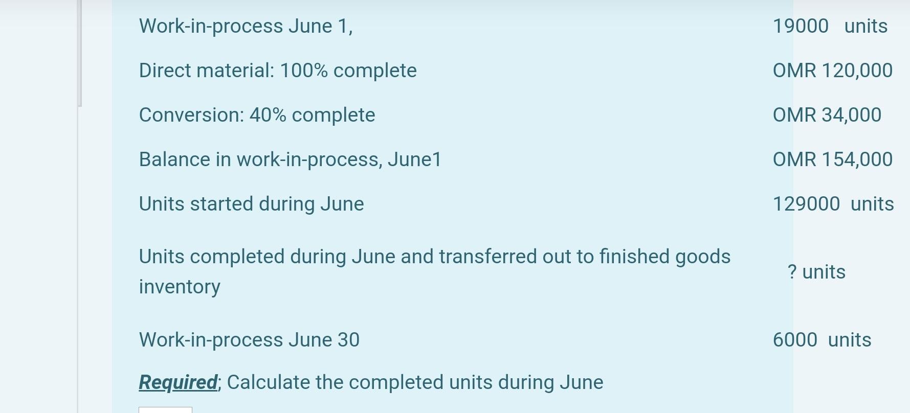  Work-in-process June 1, 19000 units Direct material: 100% complete OMR 120,000