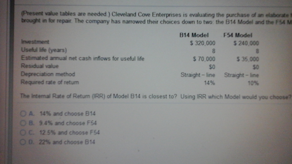 (Present value tables are needed.) Cleveland Cove Enterprises is evaluating the purchase