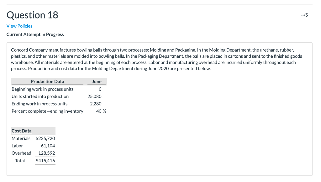  Question 18 --/5 View Policies Current Attempt in Progress Concord Company