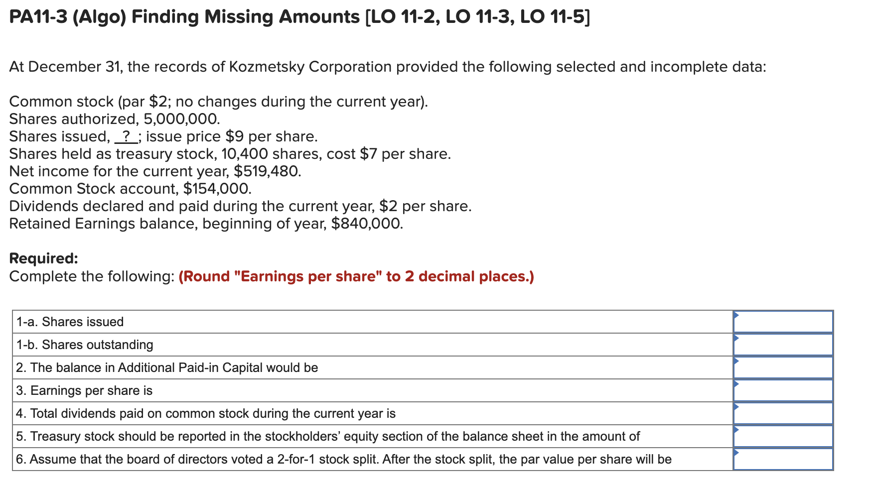  PA11-3 (Algo) Finding Missing Amounts [LO 11-2, LO 11-3, LO 11-5]