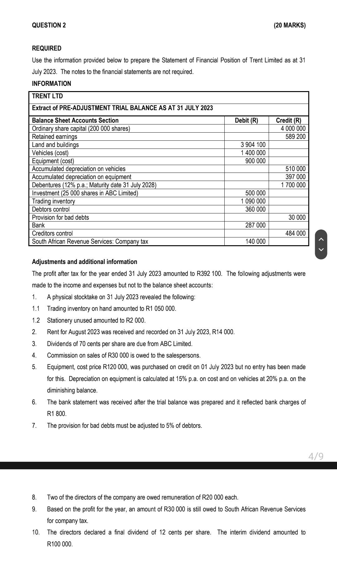  REQUIRED Use the information provided below to prepare the Statement of