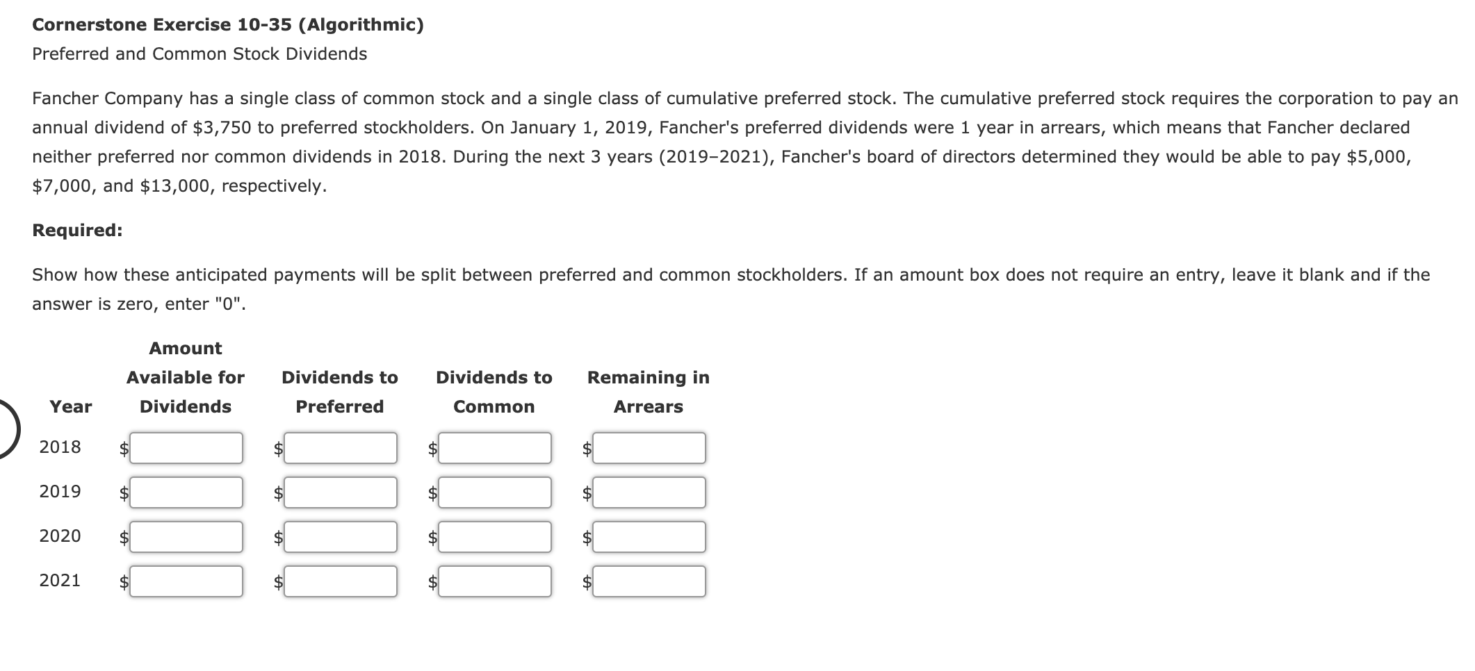  Cornerstone Exercise 10-35 (Algorithmic) Preferred and Common Stock Dividends Fancher Company