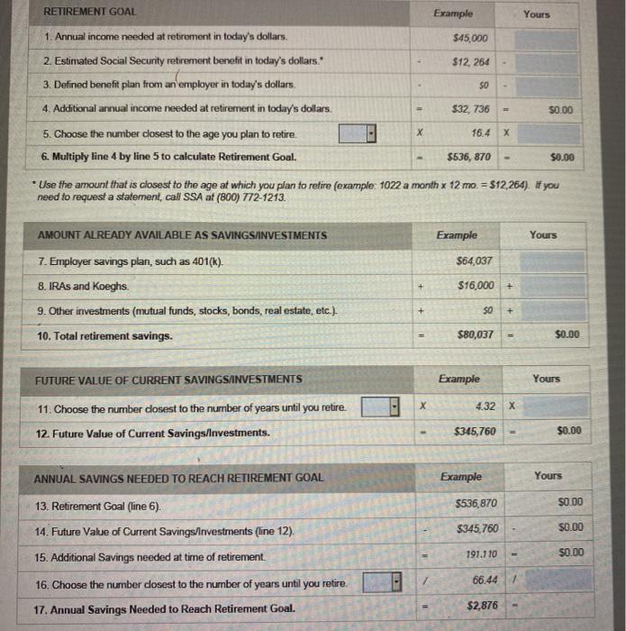 retirment plan from a case study Complete the retirement worksheet using the