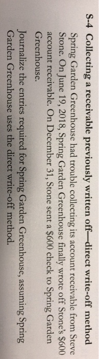  S-4 Collecting a receivable previously written off-direct write-off method Spring Garden