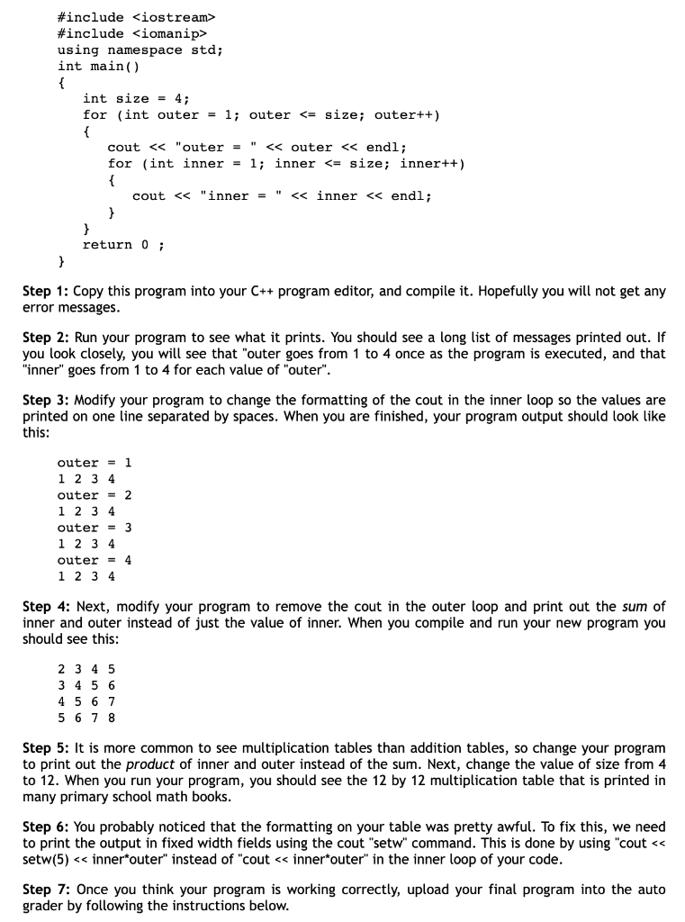  \{ cout "outer =" outer endl; for (int inner =1; inner