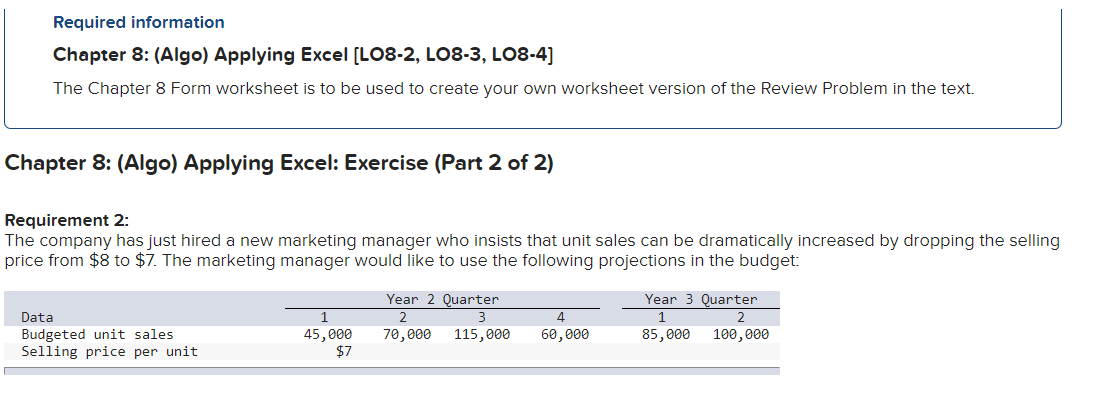  Required information Chapter 8: (Algo) Applying Excel (LO8-2, LO8-3, LO8-4] The