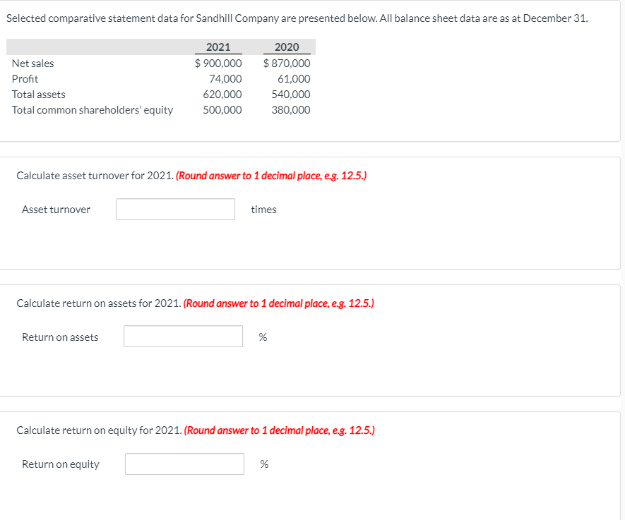  Selected comparative statement data for Sandhill Company are presented below. All