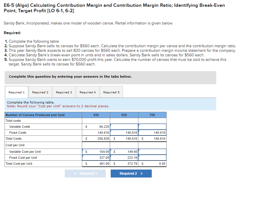  E6-5 (Algo) Calculating Contribution Margin and Contribution Margin Ratio; Identifying Break-Even