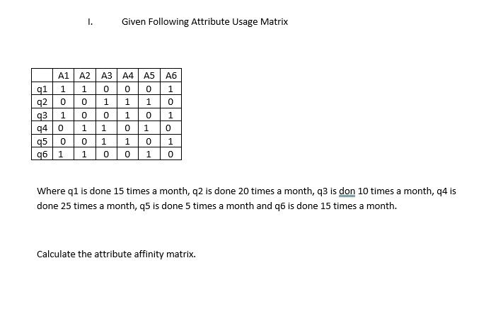 I Given Following Attribute Usage Matrix A1 A2 A3 A4 A5