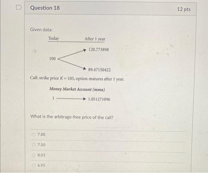 120.773898 100 89.47150422 Call: strike price K = 105, option matures after