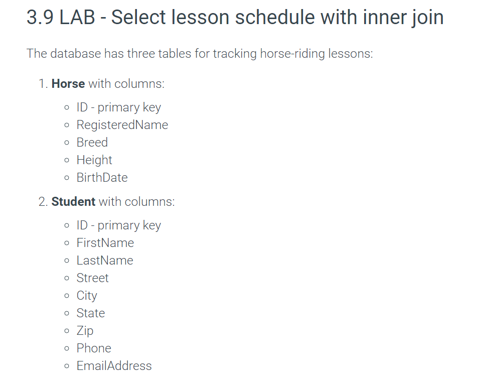3.9 LAB - Select lesson schedule with inner join The database has