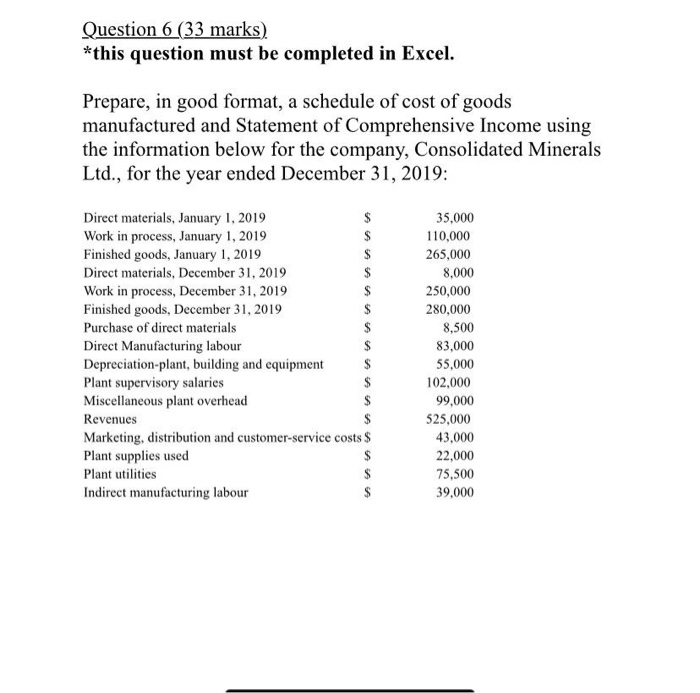  Question 6 (33 marks) *this question must be completed in Excel.