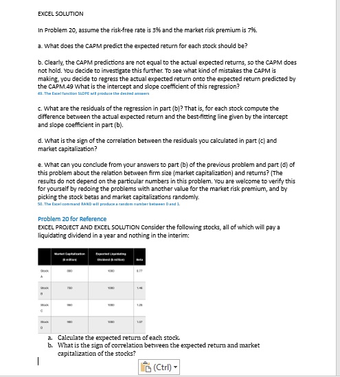  EXCEL SOLUTION In Problem 20, assume the risk-free rate is 3%