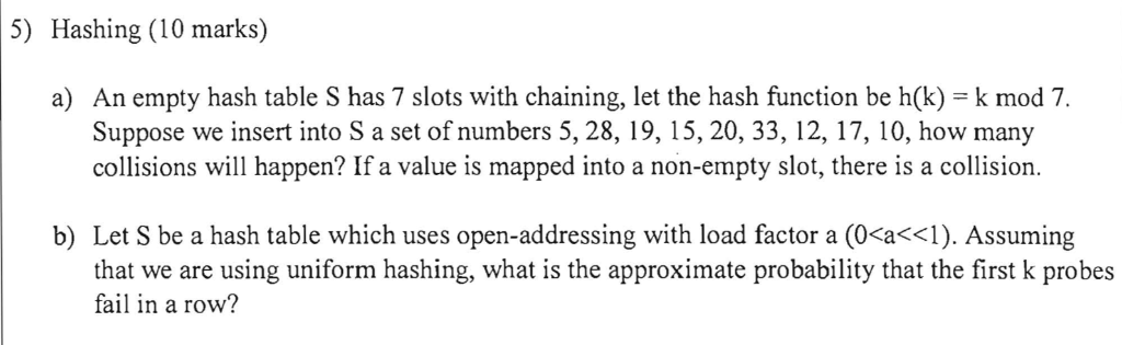 hash2 5) Hashing (10 marks) a) An empty hash table S has