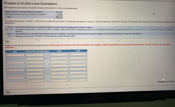  Problem 9-7A (Part Level Submission) The intangible assets section of Bramble