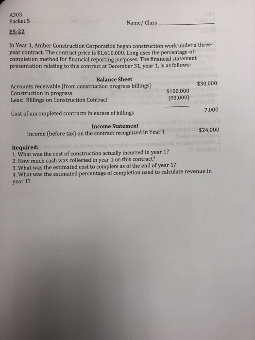  A303 Packet 5 Name/ Class E5-22 In Year 1, Amber Construction