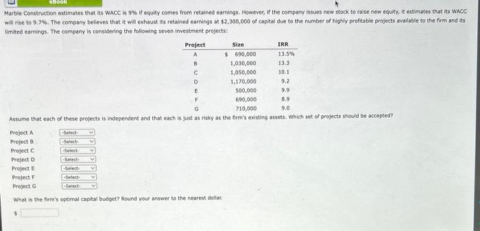  Marble Construction estimates that its WACC is 9% if equity comes