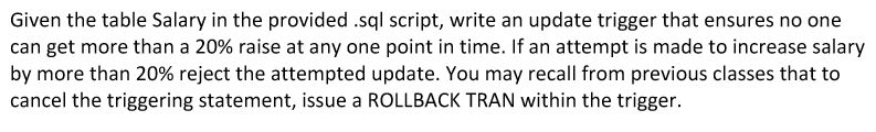 Please write T-SQL Trigger Rule for the statment below. Given the table