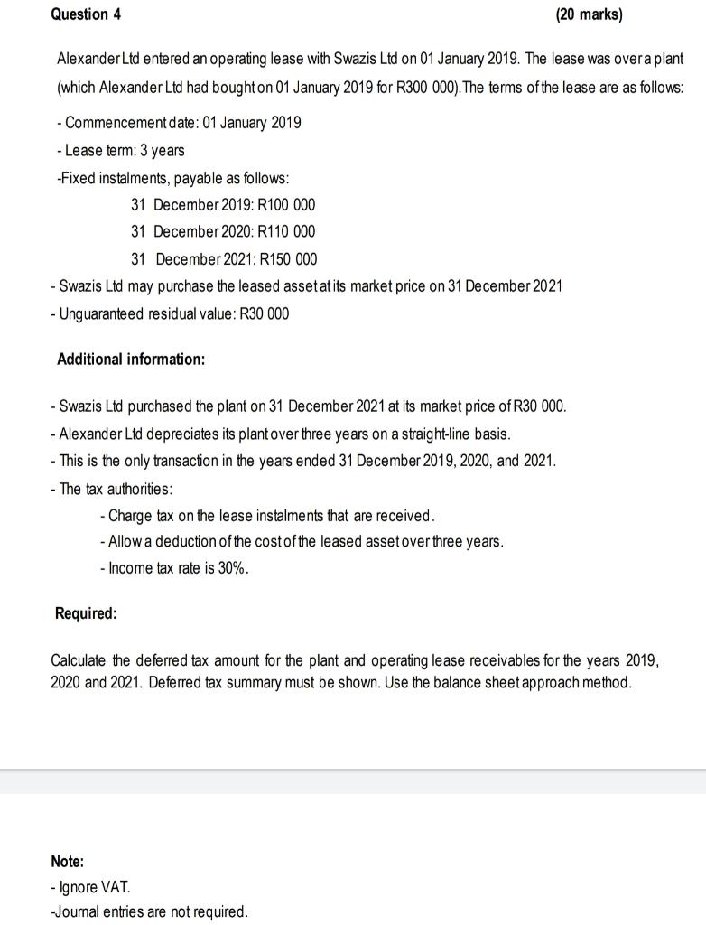  Question 4 (20 marks) AlexanderLtd entered an operating lease with Swazis