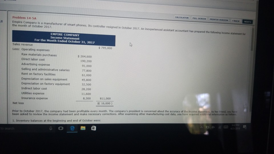  CALCULATOR FULL SCREEN PRINTER VERSION BACK NEXT Problem 14-5A Empire Company