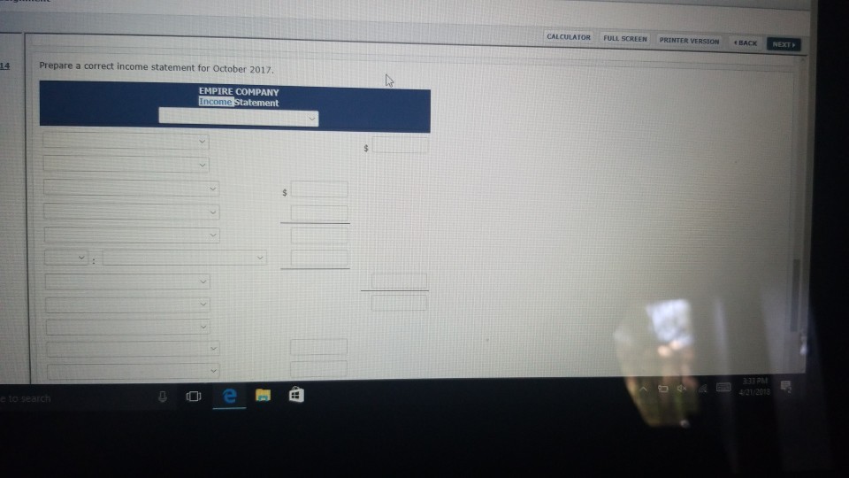 month of October 2017 EMPIRE COMPANY Income Statement For the Month Ended