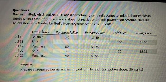 help pleasee Question 5 Nantes Limited, which utilizes FIFO and a perpetual