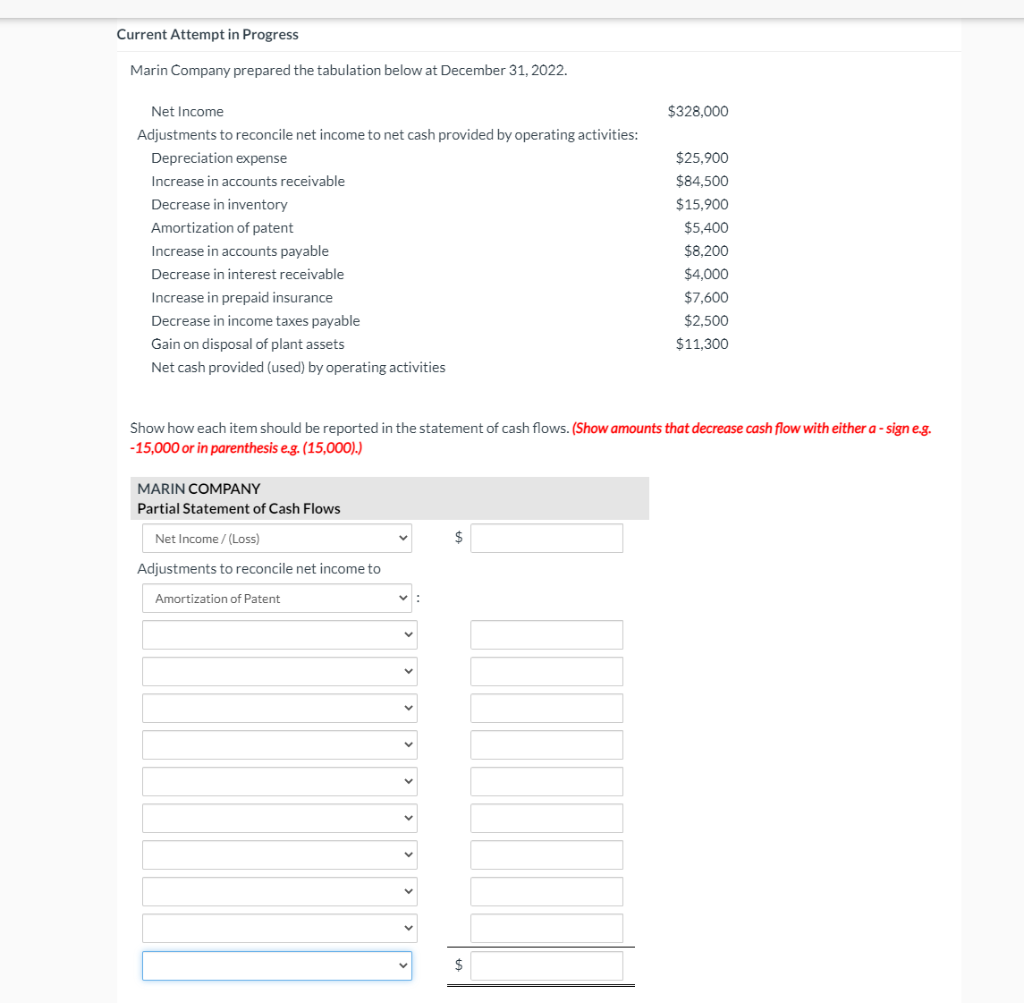  Current Attempt in Progress Marin Company prepared the tabulation below at