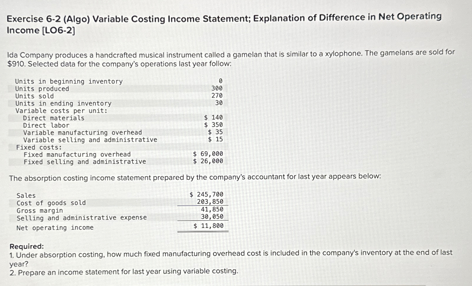  Exercise 6-2(Algo) Variable Costing Income Statement; Explanation of Difference in Net