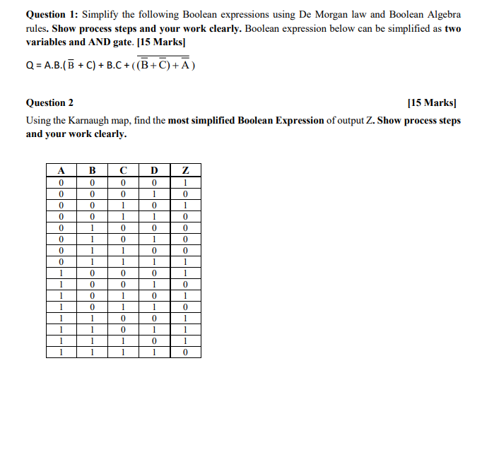 Question 1: Simplify the following Boolean expressions using De Morgan law