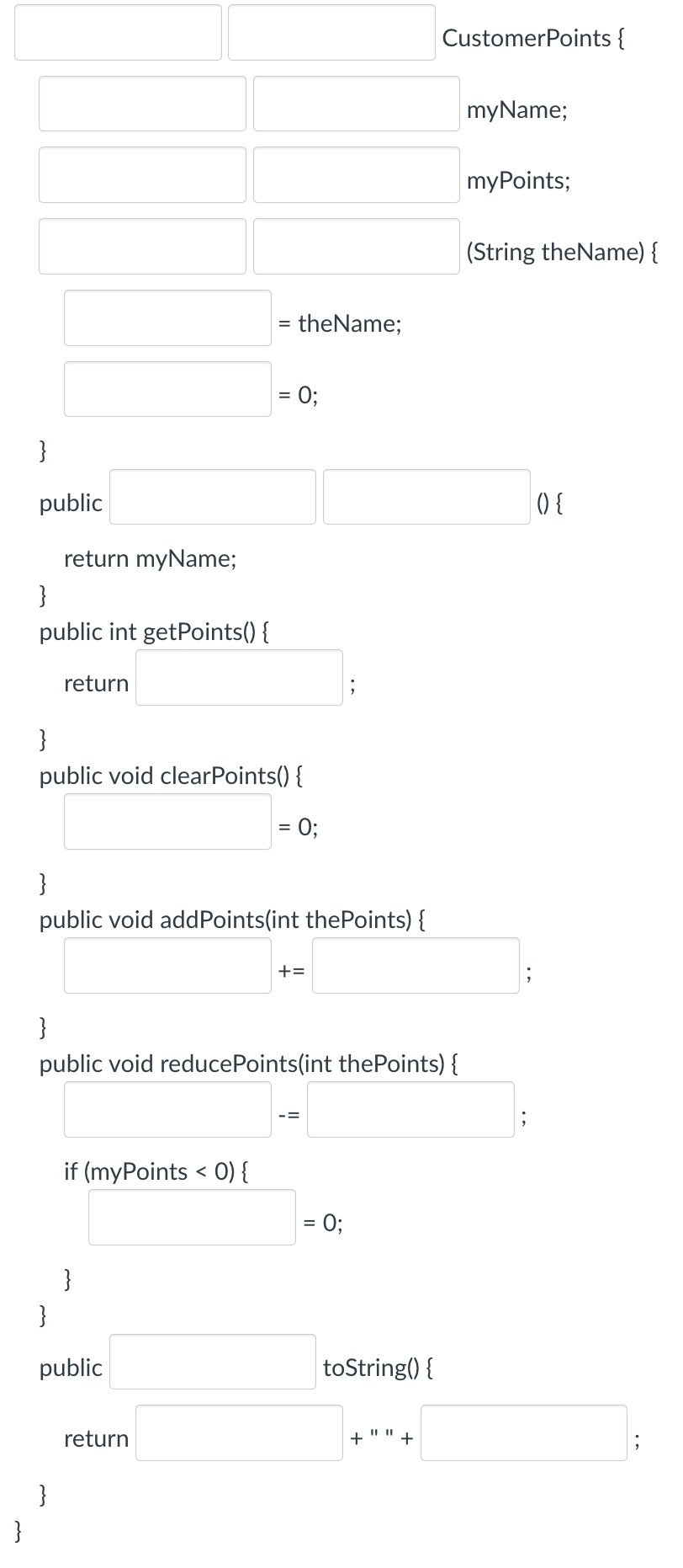  Classes A CustomerPoints class maintains information about a customer. This information