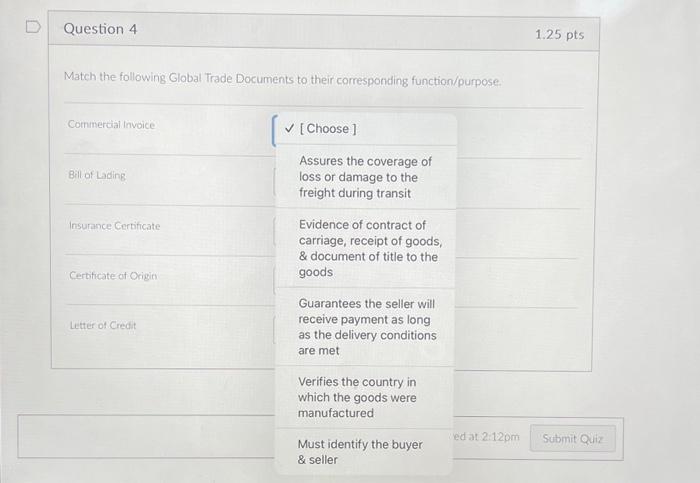 Invoice Bill of Lading Insurance Certificate Certificate of Origin Letter of Credit