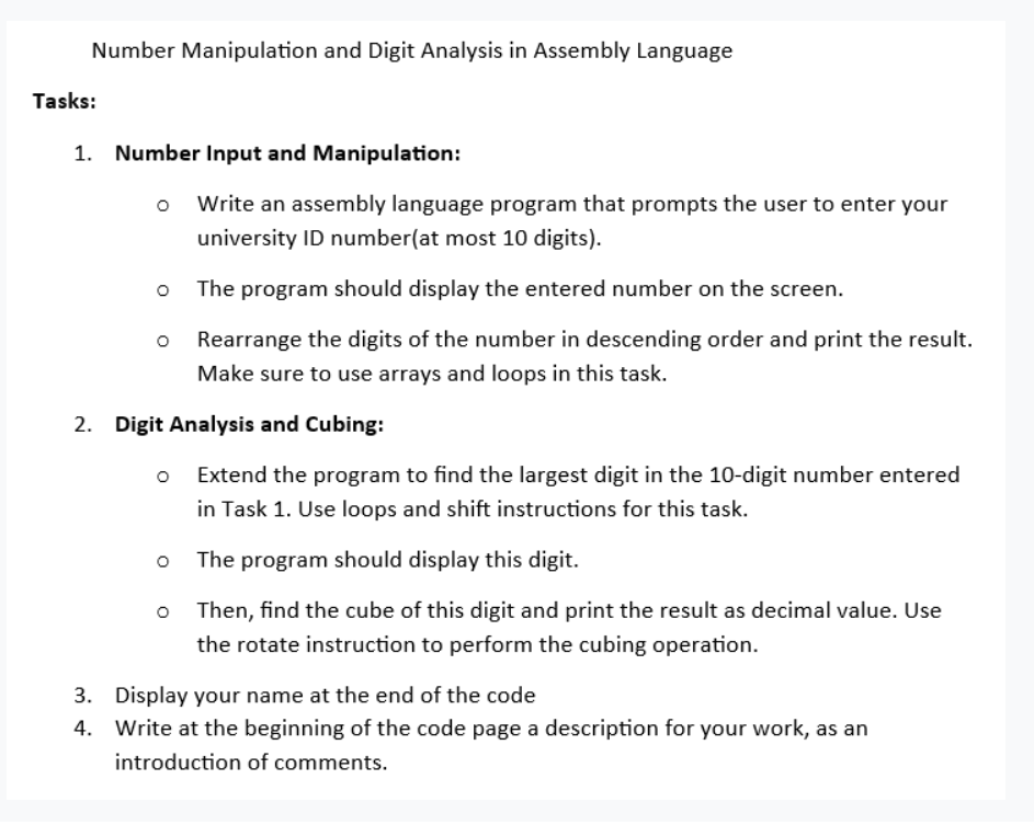  Number Manipulation and Digit Analysis in Assembly Language Tasks: Number Input