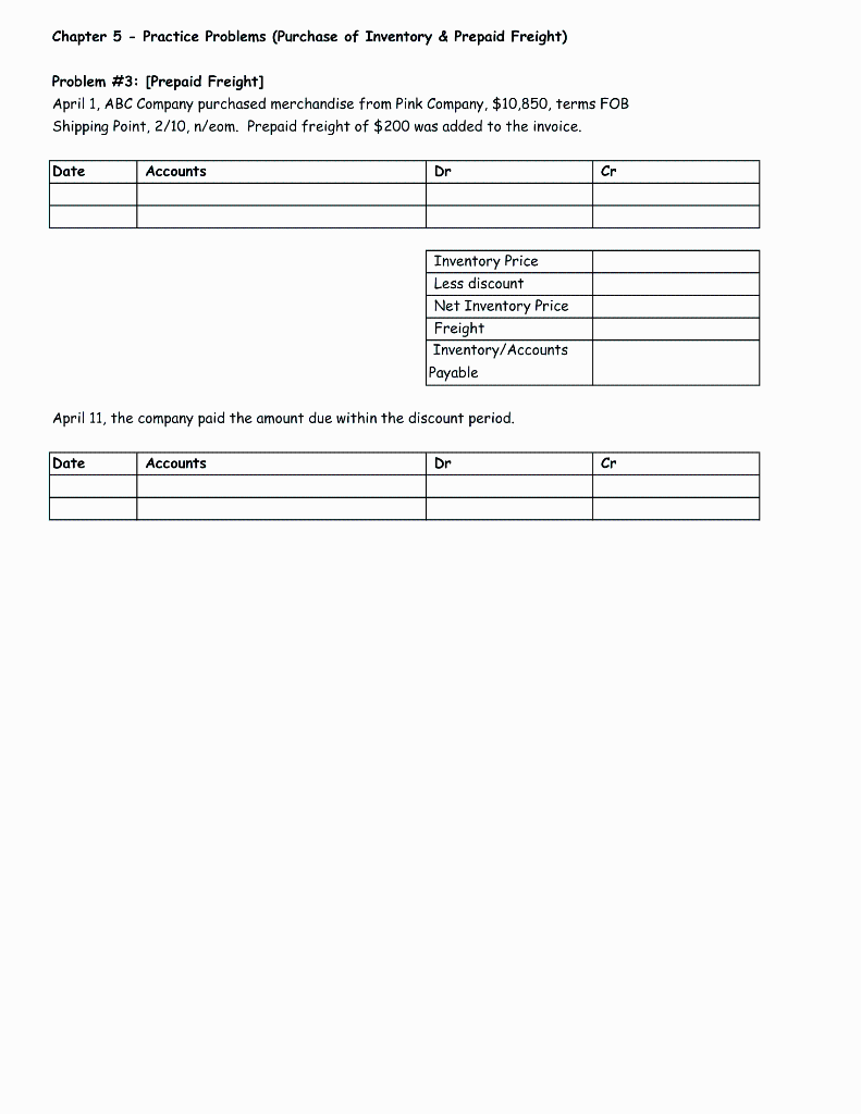  Chapter 5 - Practice Problems (Purchase of Inventory & Prepaid Freight)