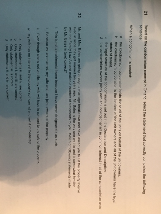  Based on the condominium concept in Ontario, select the statement that