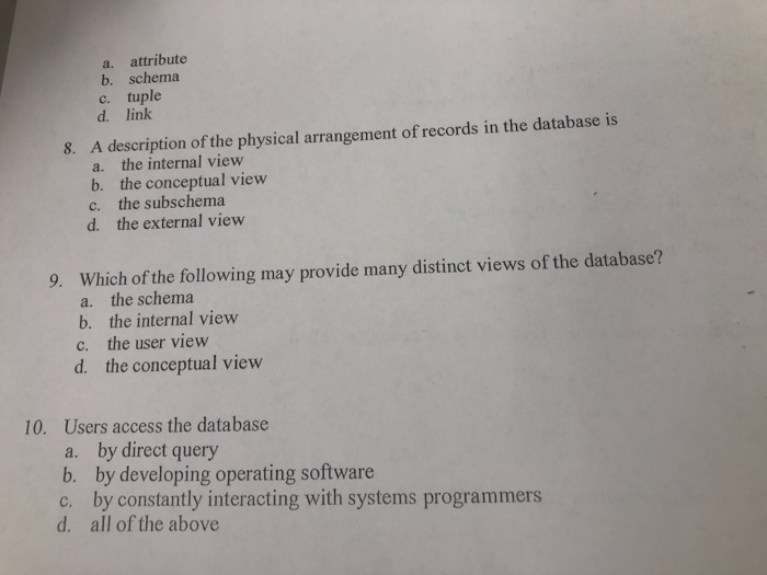  a. attribute b. schema c. tuple d. link A description of