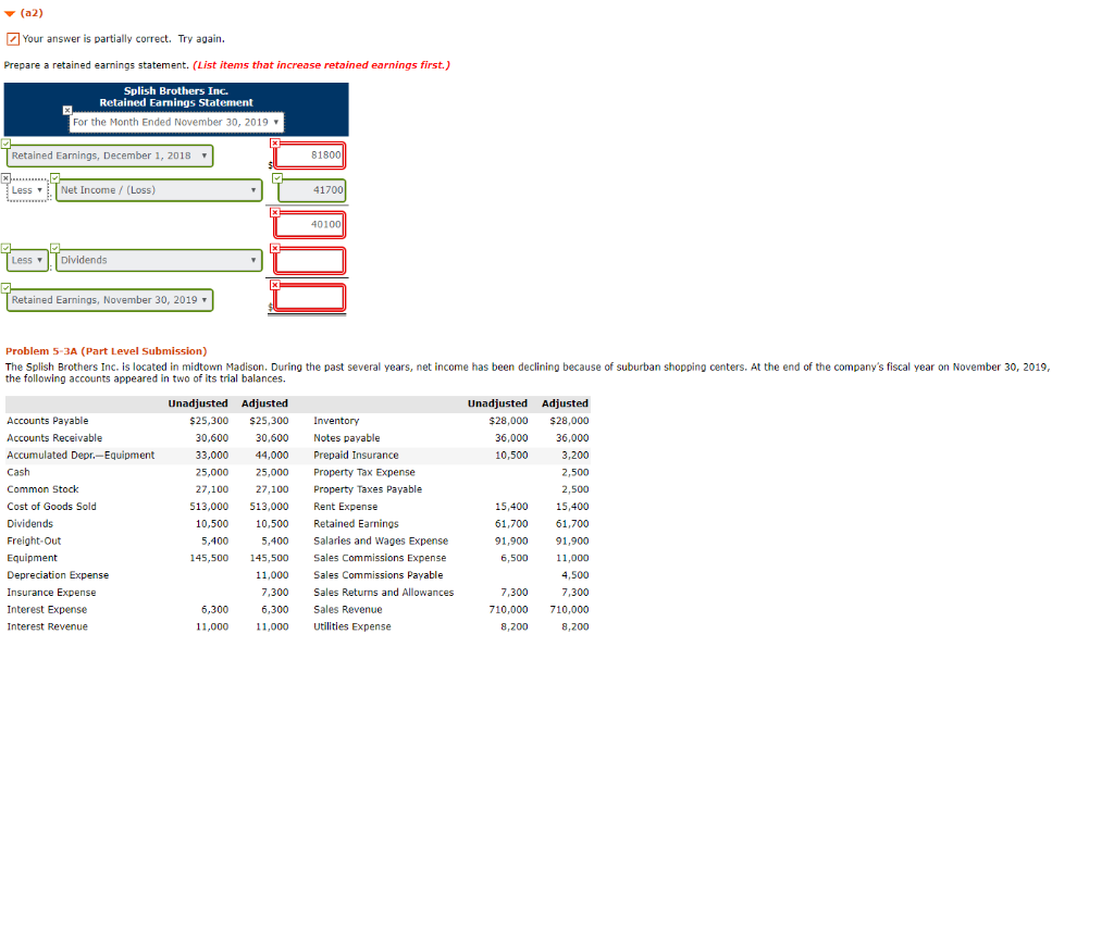 Your answer is partially correct. Try again. Prepare a retained earnings statement.