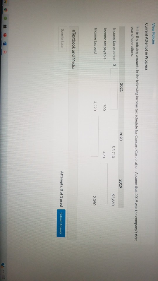 View Policies Current Attempt in Progress Fill in the missing amounts