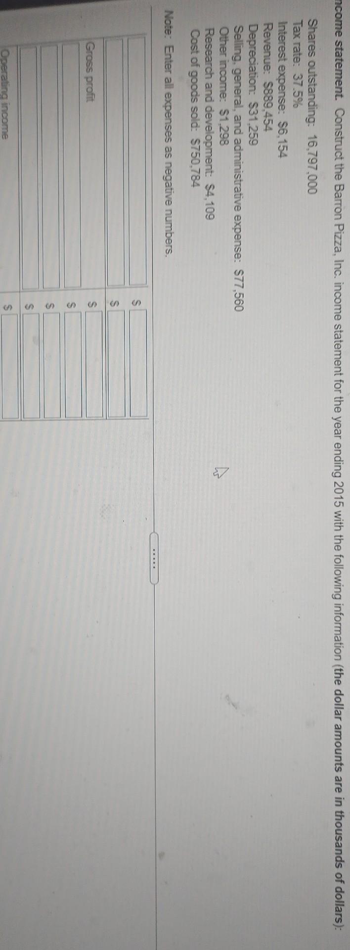 ncome statement. Construct the Barton Pizza, Inc. income statement for the