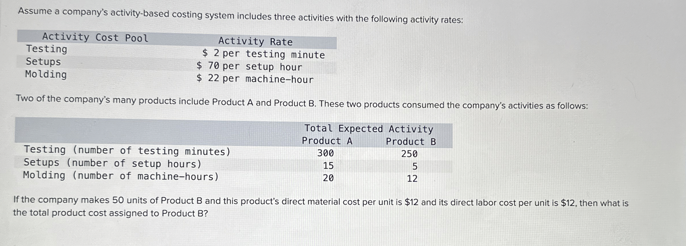  Assume a company's activity-based costing system includes three activities with the