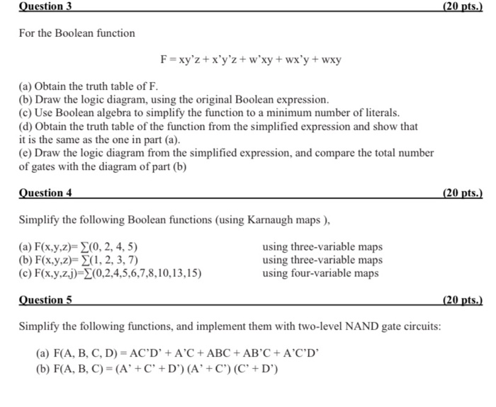 Question 3 (20 pts.) For the Boolean function F = xyz